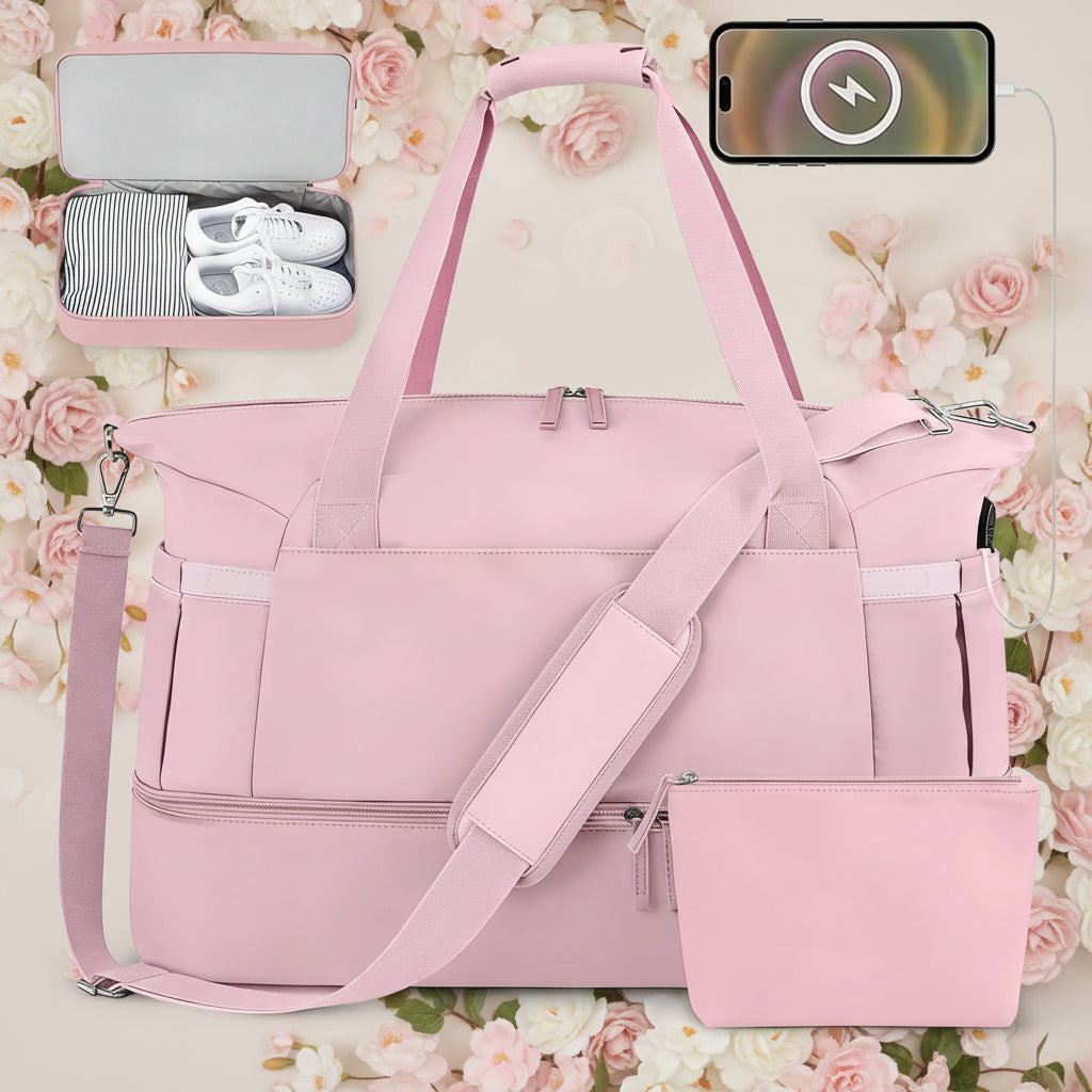Travel Duffel Bag for Women Gym Bag with USB Charging Port Large Weekender Overnight Bag Yoga Duffle Bags with Wet Pocket and Shoes Compartment, Pink
