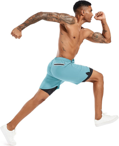 Men'S 2 in 1 Running Shorts 5 in or 7 in Quick Dry Gym Athletic Workout Shorts for Men with Phone Pockets