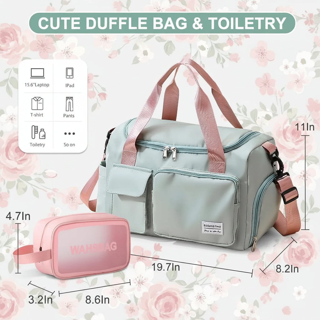 Small Gym Bag for Women, Waterproof Duffle Bag Carry on Weekender Bag with Shoe Compartment & Wet Pocket, Tote Bag for Travel, Workout, Sport