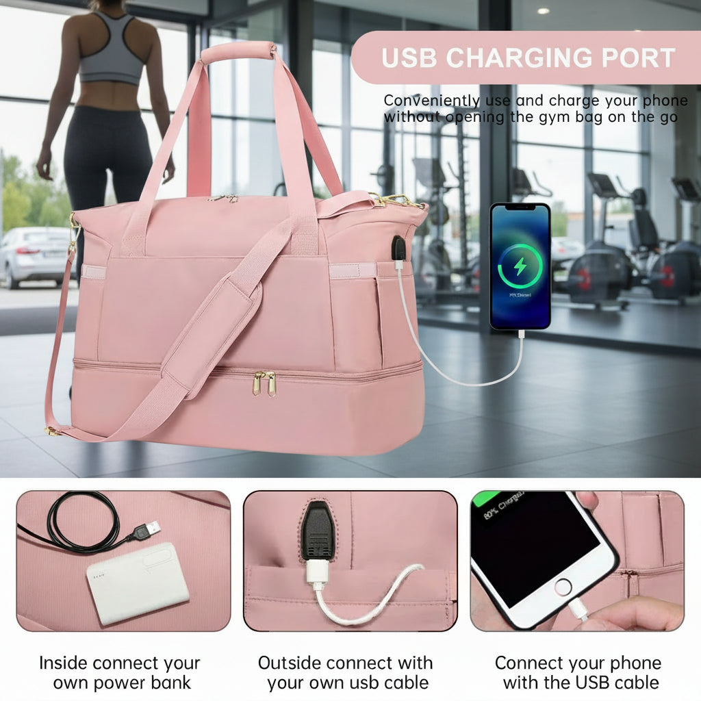 Travel Duffel Bag for Women Gym Bag with USB Charging Port Large Weekender Overnight Bag Yoga Duffle Bags with Wet Pocket and Shoes Compartment, Pink