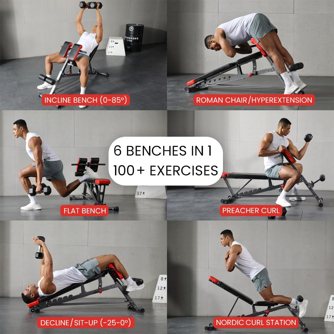 Multi-Functional FID Weight Bench for Comprehensive Full-Body Workout – Hyper Back Extension, Roman Chair, Adjustable Ab Sit-Up Bench, Incline/Decline Bench, Flat Bench