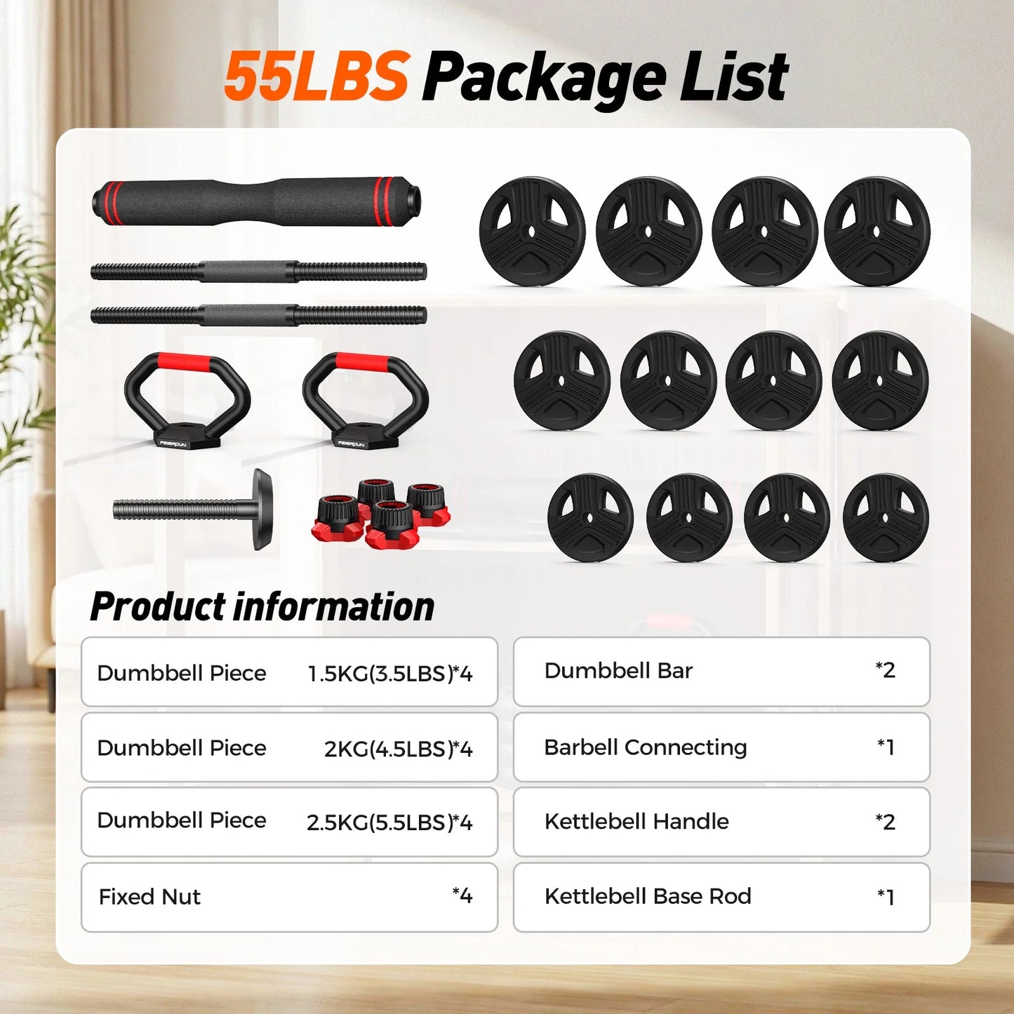 Adjustable Dumbbells, 55Lbs Free Weight Set with Connector, 5 In1 Dumbbells Set as Barbell, Kettlebells, Push up Stand, Fitness Exercises for Home Gym Suitable Men/Women