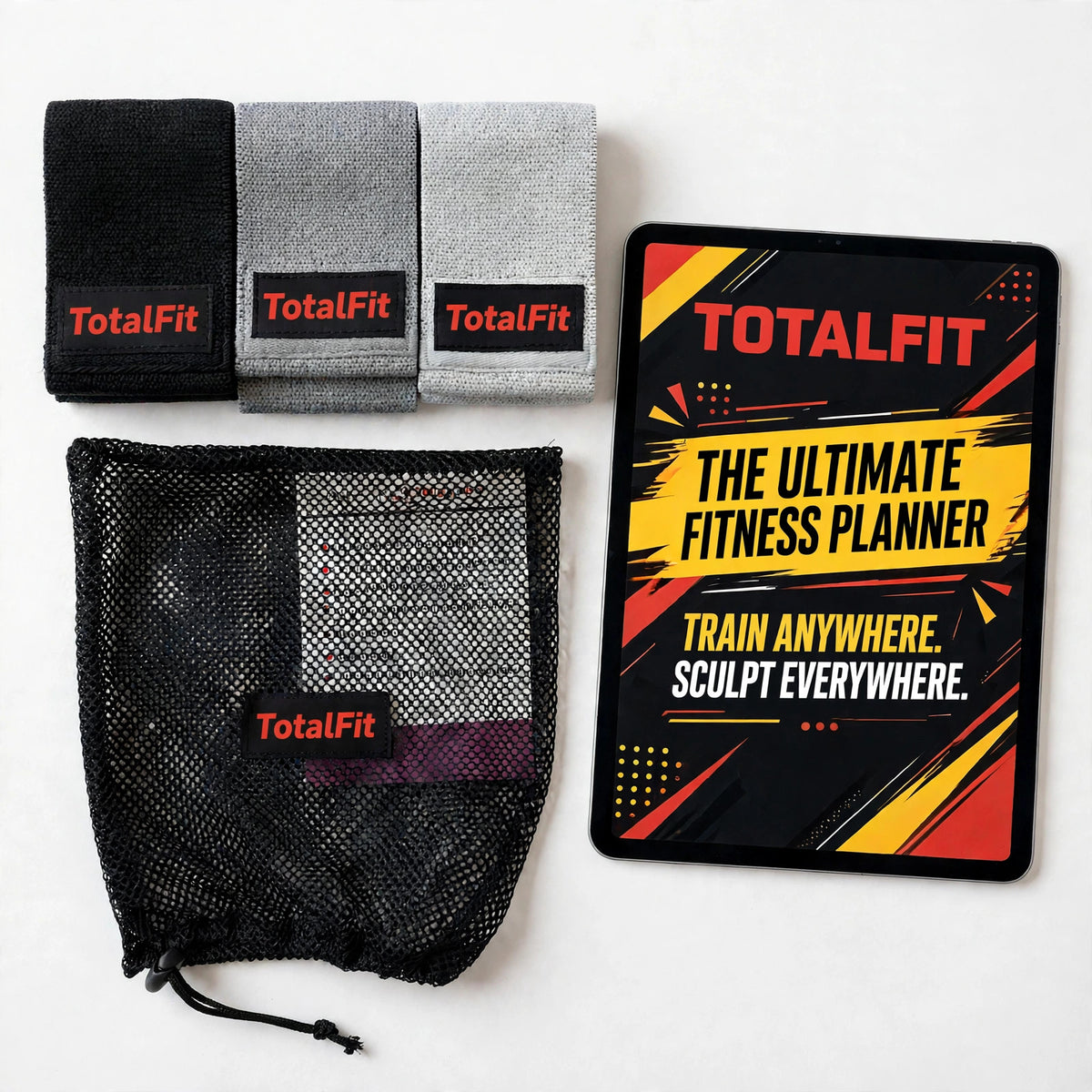 TotalFit Fabric Resistance Bands – 3-Piece Set (15") with Carry Bag + Free 61-Page Fitness Planner